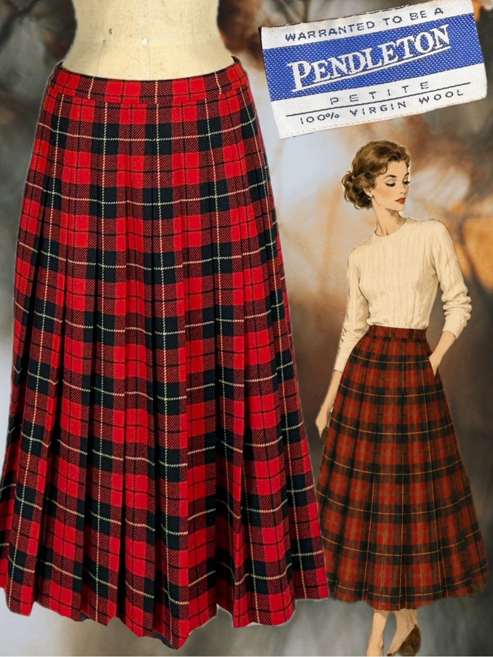 VINTAGE Pendleton Wallace tartan plaid skirt pleated 100% wool academia preppy
